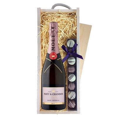 Moet &amp; Chandon Rose Champagne 75cl & Truffles, Wooden Box